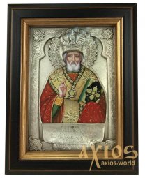 Икона в металле Николай, посеребрение, рамка из дерева, 9х11 см Икона в металле Николай, посеребрение, рамка из дерева, 9х11 см - фото