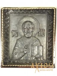 Икона в металле Святой Николай, посеребрение, позолоченная рамка, 5х5 см Икона в металле Святой Николай, посеребрение, позолоченная рамка, 5х5 см - фото