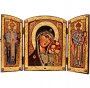 Икона-Складень Казанская Божья Матерь, Cвятой Николай, Святой Спиридон (большой), МДФ, арочная, шпон (ясень), шпонки, ковчег, полиграфия, декоративная кайма, камни, лак, 40х60 см