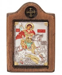 Икона Святого Георгия, Итальянский оклад №1, эмали, 6х8 см, дерево ольха Икона Святого Георгия, Итальянский оклад №1, эмали, 6х8 см, дерево ольха - фото