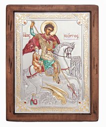 Икона Георгий Победоносец, Итальянский оклад №4, эмали, 25х30 см, дерево ольха, ПД010648 Икона Георгий Победоносец, Итальянский оклад №4, эмали, 25х30 см, дерево ольха, ПД010648 - фото